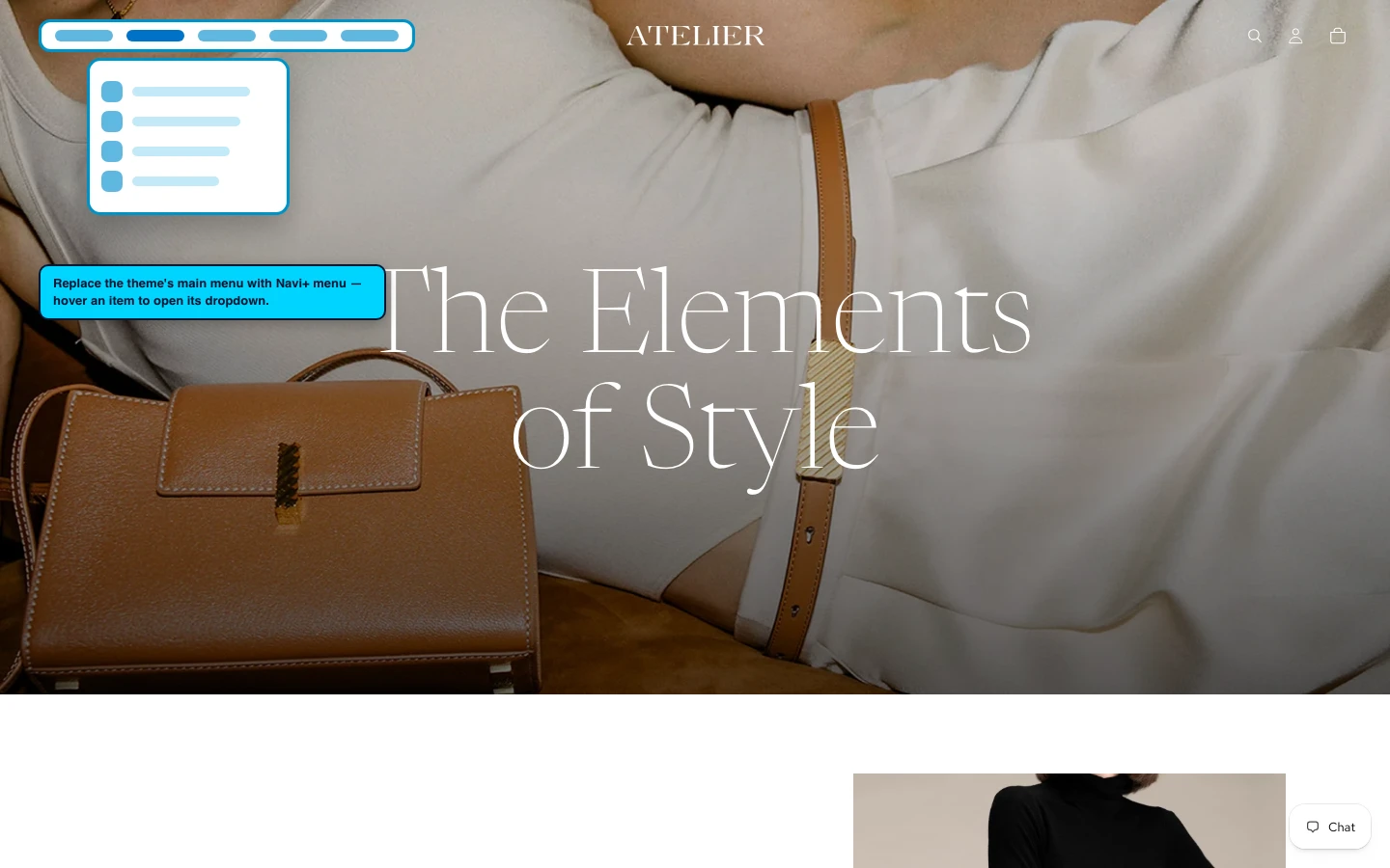 Navi+ Mega Menu replacing the desktop menu on the Atelier Shopify theme Navi+ Mega Menu replacing the desktop menu on the Atelier Shopify theme