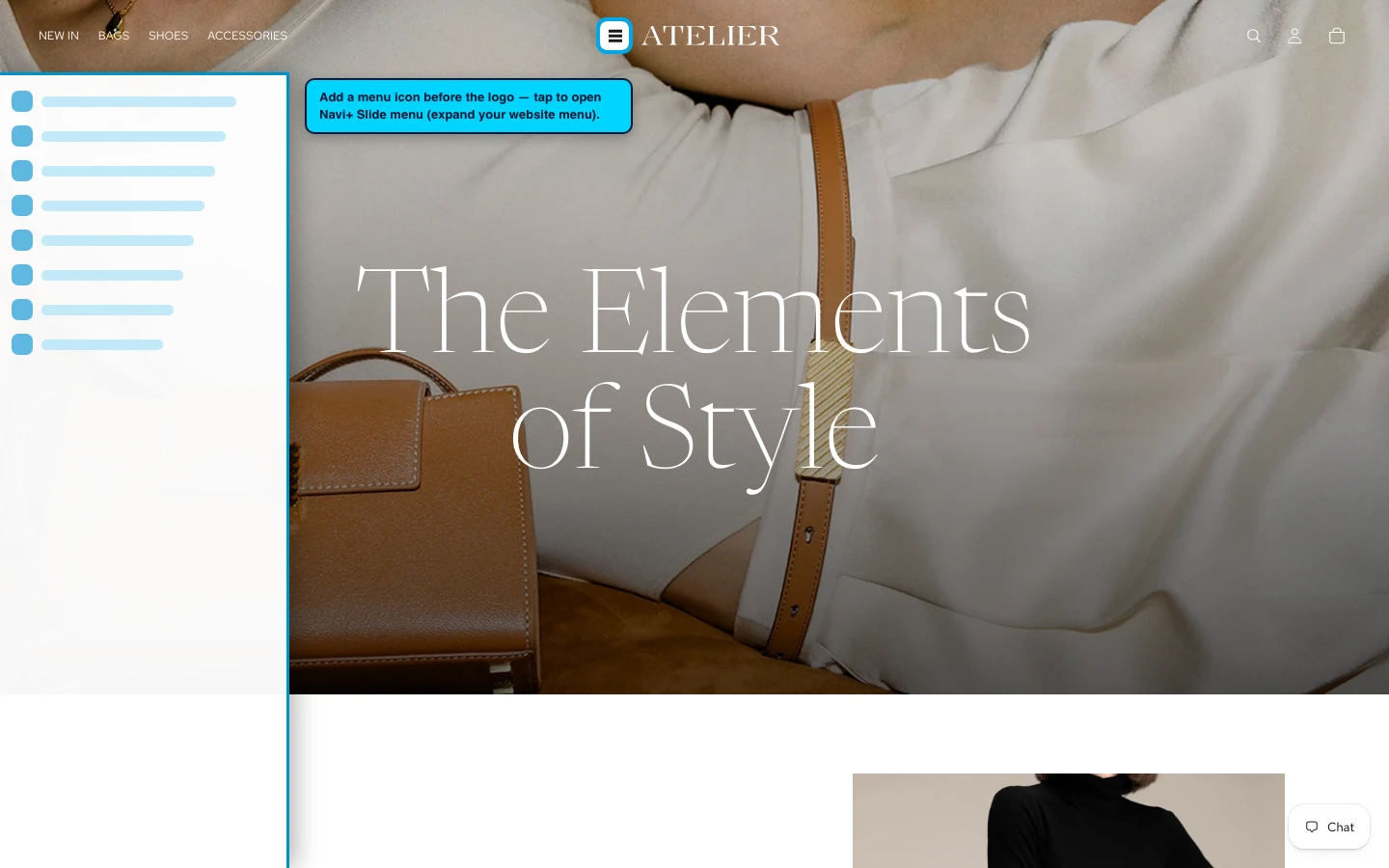 Navi+ trigger icon before the logo on the Atelier Shopify theme Navi+ trigger icon before the logo on the Atelier Shopify theme