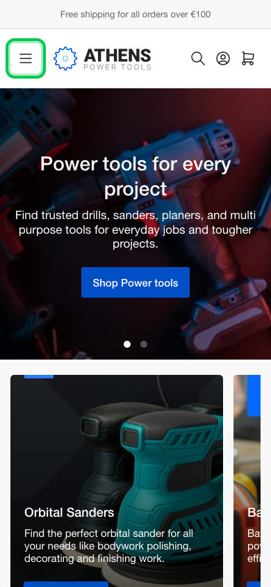 Hamburger → panel opened — Navi+ on the Athens Shopify theme