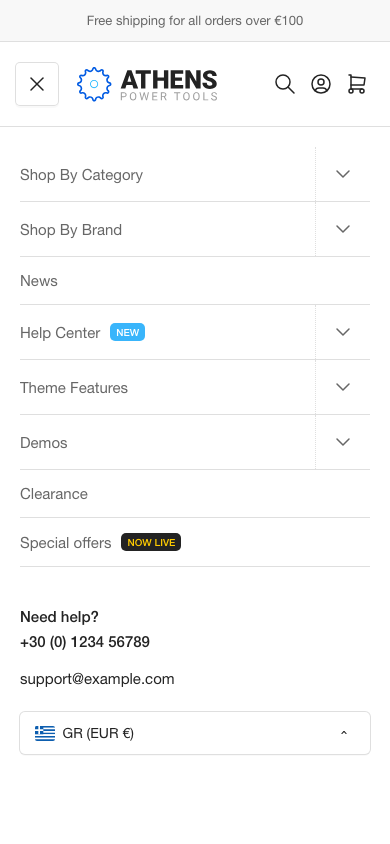Hamburger → panel opened — Navi+ on the Athens Shopify theme