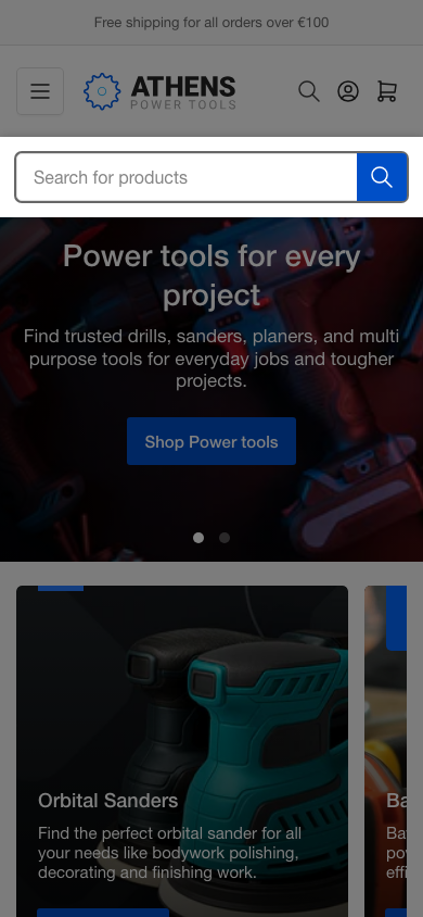 Search → panel opened — Navi+ on the Athens Shopify theme