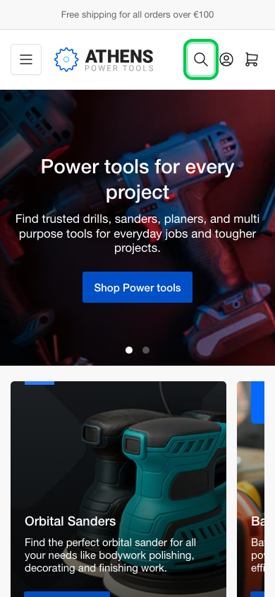 Search → panel opened — Navi+ on the Athens Shopify theme