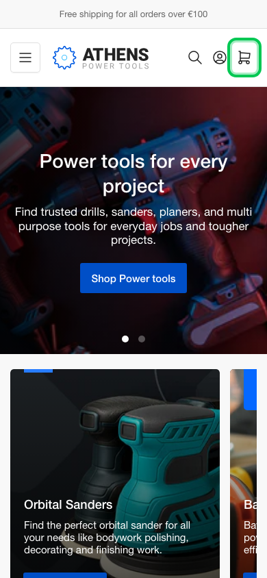 Cart → panel opened — Navi+ on the Athens Shopify theme