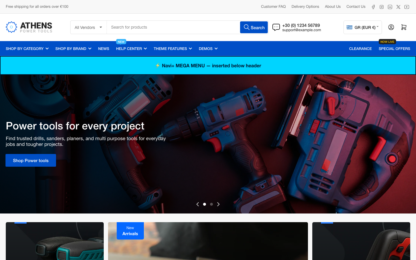 Menu inserted below header — Navi+ on the Athens Shopify theme