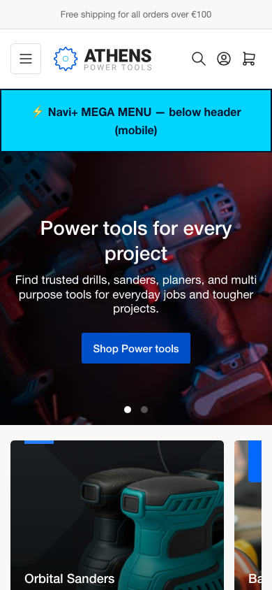 Menu inserted below header — Navi+ on the Athens Shopify theme