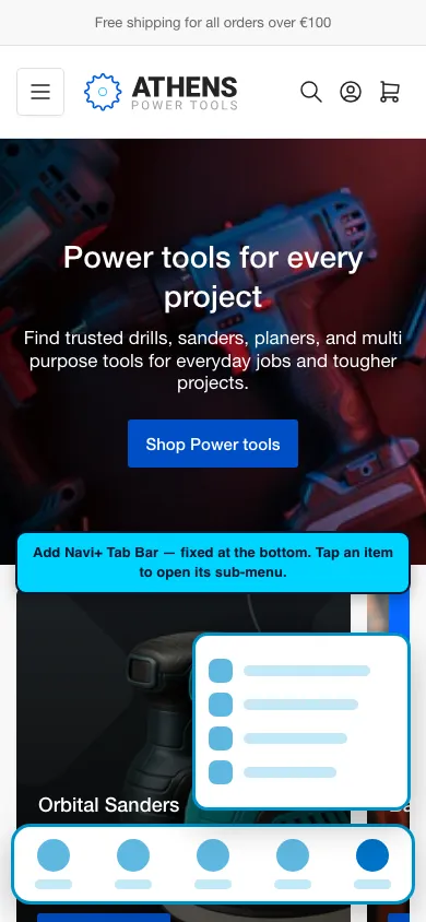 Navi+ Tab Bar on the Athens Shopify theme Navi+ Tab Bar on the Athens Shopify theme
