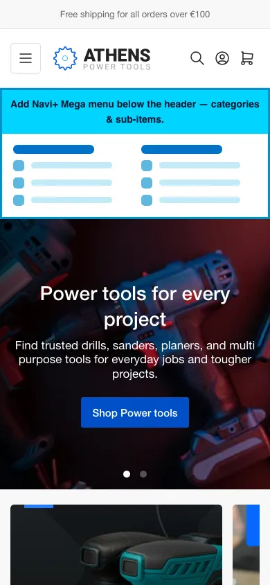 Navi+ mobile Mega Menu on the Athens Shopify theme Navi+ mobile Mega Menu on the Athens Shopify theme