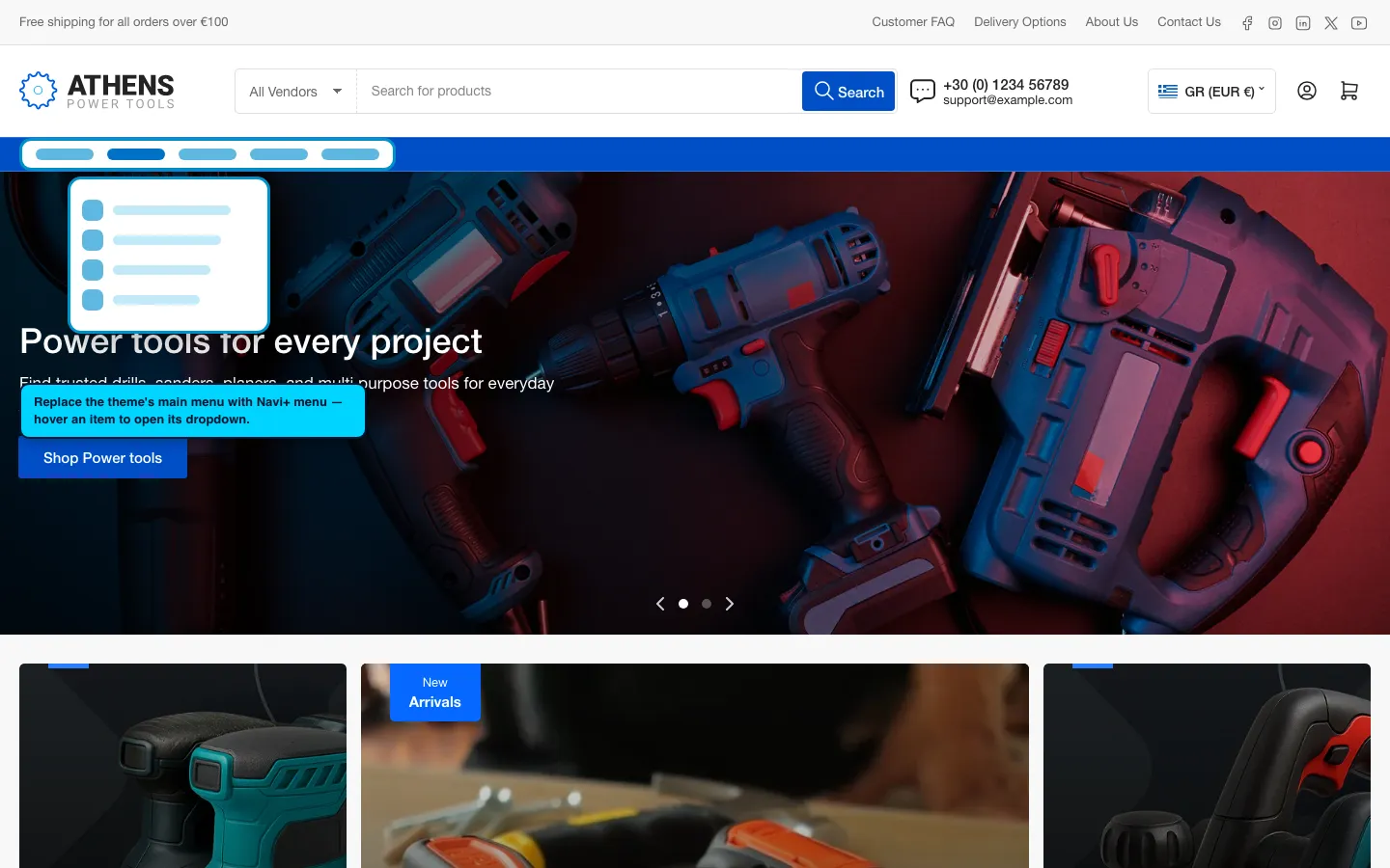 Navi+ Mega Menu replacing the desktop menu on the Athens Shopify theme