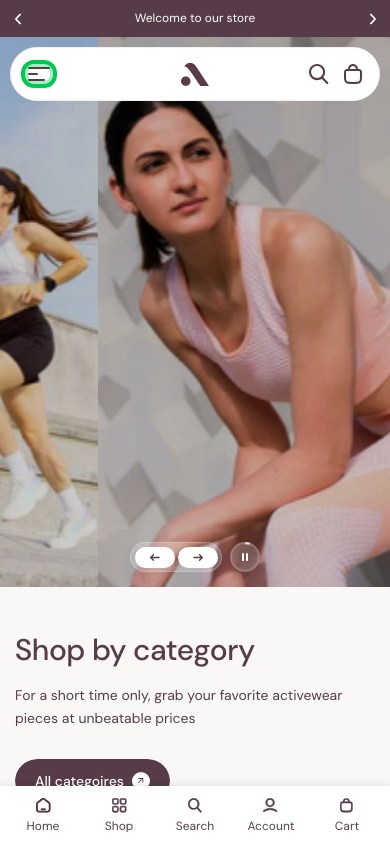 Hamburger → panel opened — Navi+ on the Athora Shopify theme Hamburger → panel opened — Navi+ on the Athora Shopify theme