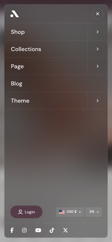 Hamburger → panel opened — Navi+ on the Athora Shopify theme Hamburger → panel opened — Navi+ on the Athora Shopify theme