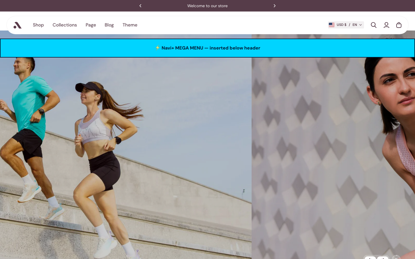 Menu inserted below header — Navi+ on the Athora Shopify theme Menu inserted below header — Navi+ on the Athora Shopify theme