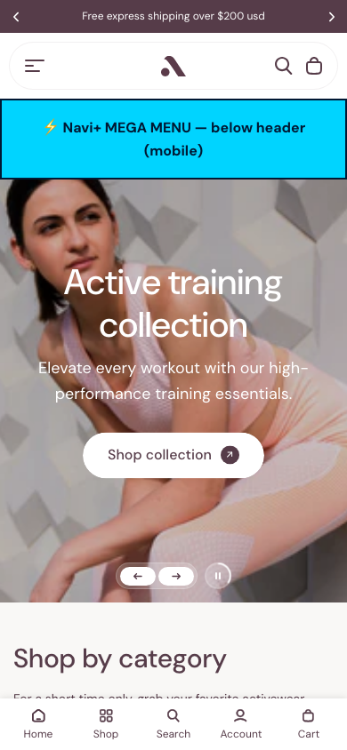 Menu inserted below header — Navi+ on the Athora Shopify theme Menu inserted below header — Navi+ on the Athora Shopify theme