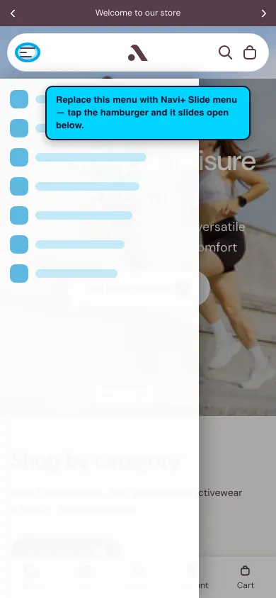 Navi+ Slide Menu on the Athora Shopify theme Navi+ Slide Menu on the Athora Shopify theme