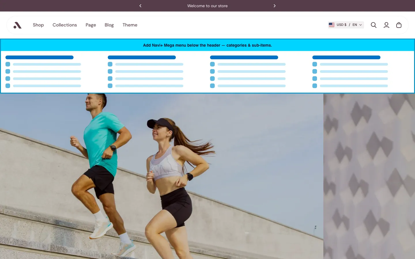 Navi+ Mega Menu inserted below the header on the Athora Shopify theme Navi+ Mega Menu inserted below the header on the Athora Shopify theme