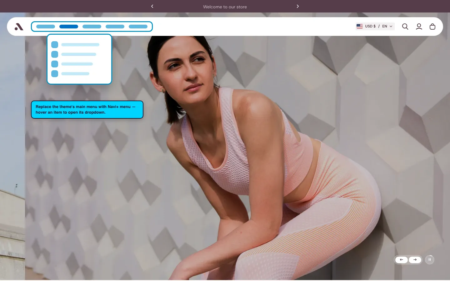 Navi+ Mega Menu replacing the desktop menu on the Athora Shopify theme Navi+ Mega Menu replacing the desktop menu on the Athora Shopify theme