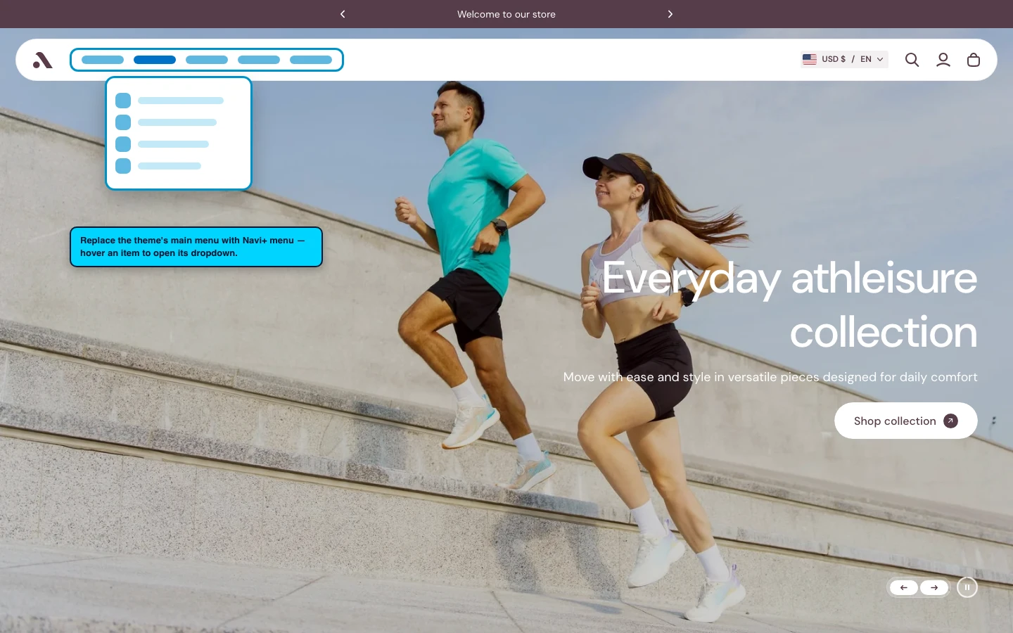 Navi+ Mega Menu replacing the desktop menu on the Athora Shopify theme Navi+ Mega Menu replacing the desktop menu on the Athora Shopify theme
