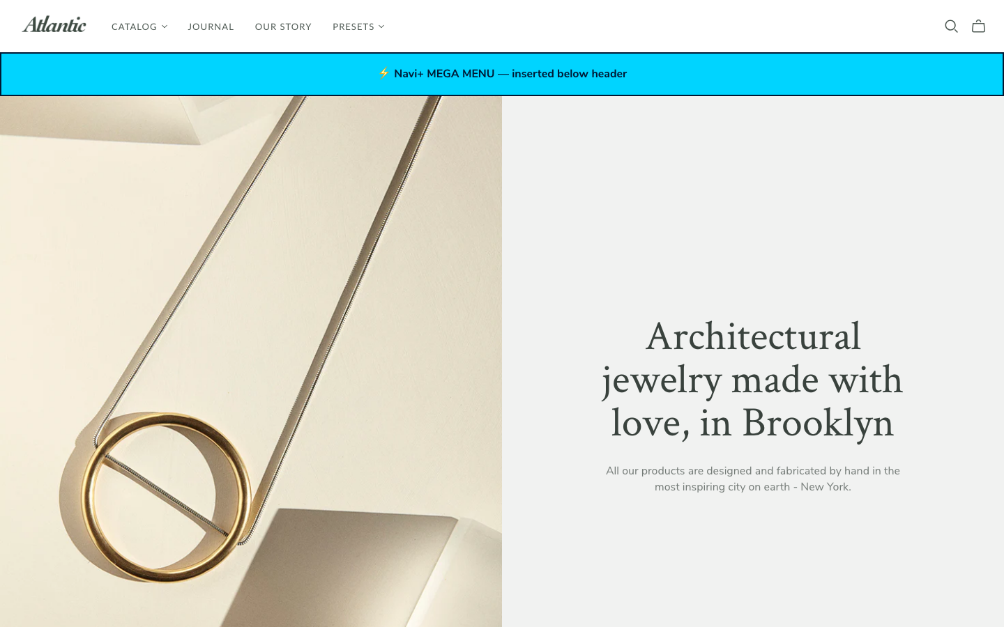 Menu inserted below header — Navi+ on the Atlantic Shopify theme