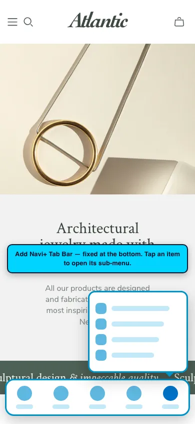 Navi+ Tab Bar on the Atlantic Shopify theme Navi+ Tab Bar on the Atlantic Shopify theme