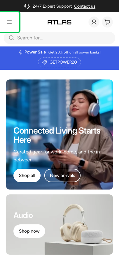 Hamburger → panel opened — Navi+ on the Atlas Shopify theme Hamburger → panel opened — Navi+ on the Atlas Shopify theme