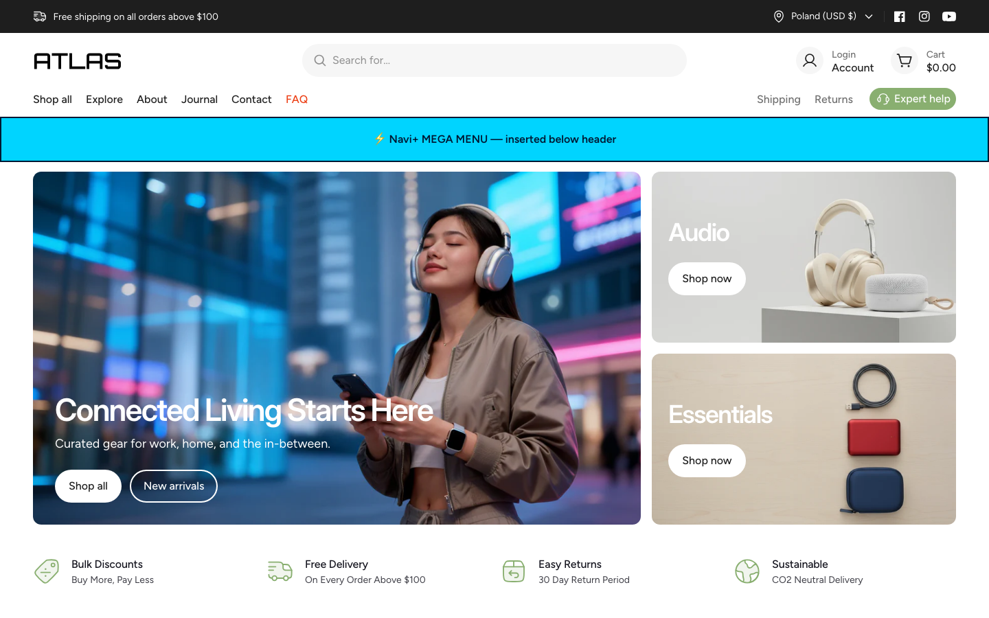 Menu inserted below header — Navi+ on the Atlas Shopify theme Menu inserted below header — Navi+ on the Atlas Shopify theme
