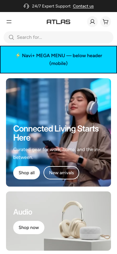 Menu inserted below header — Navi+ on the Atlas Shopify theme Menu inserted below header — Navi+ on the Atlas Shopify theme