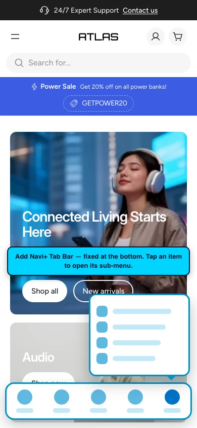 Navi+ Tab Bar on the Atlas Shopify theme Navi+ Tab Bar on the Atlas Shopify theme