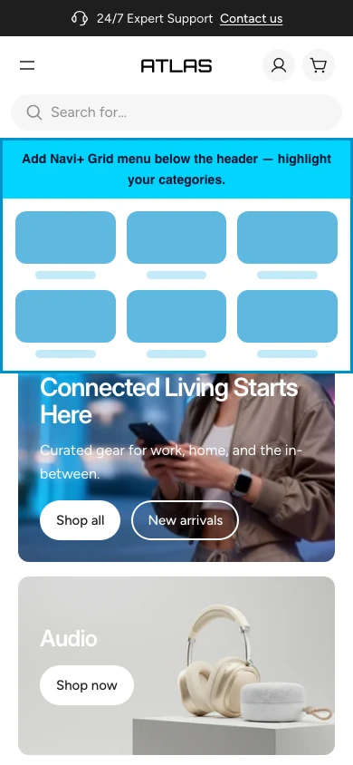 Navi+ Grid Menu on the Atlas Shopify theme Navi+ Grid Menu on the Atlas Shopify theme