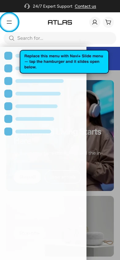 Navi+ Slide Menu on the Atlas Shopify theme Navi+ Slide Menu on the Atlas Shopify theme