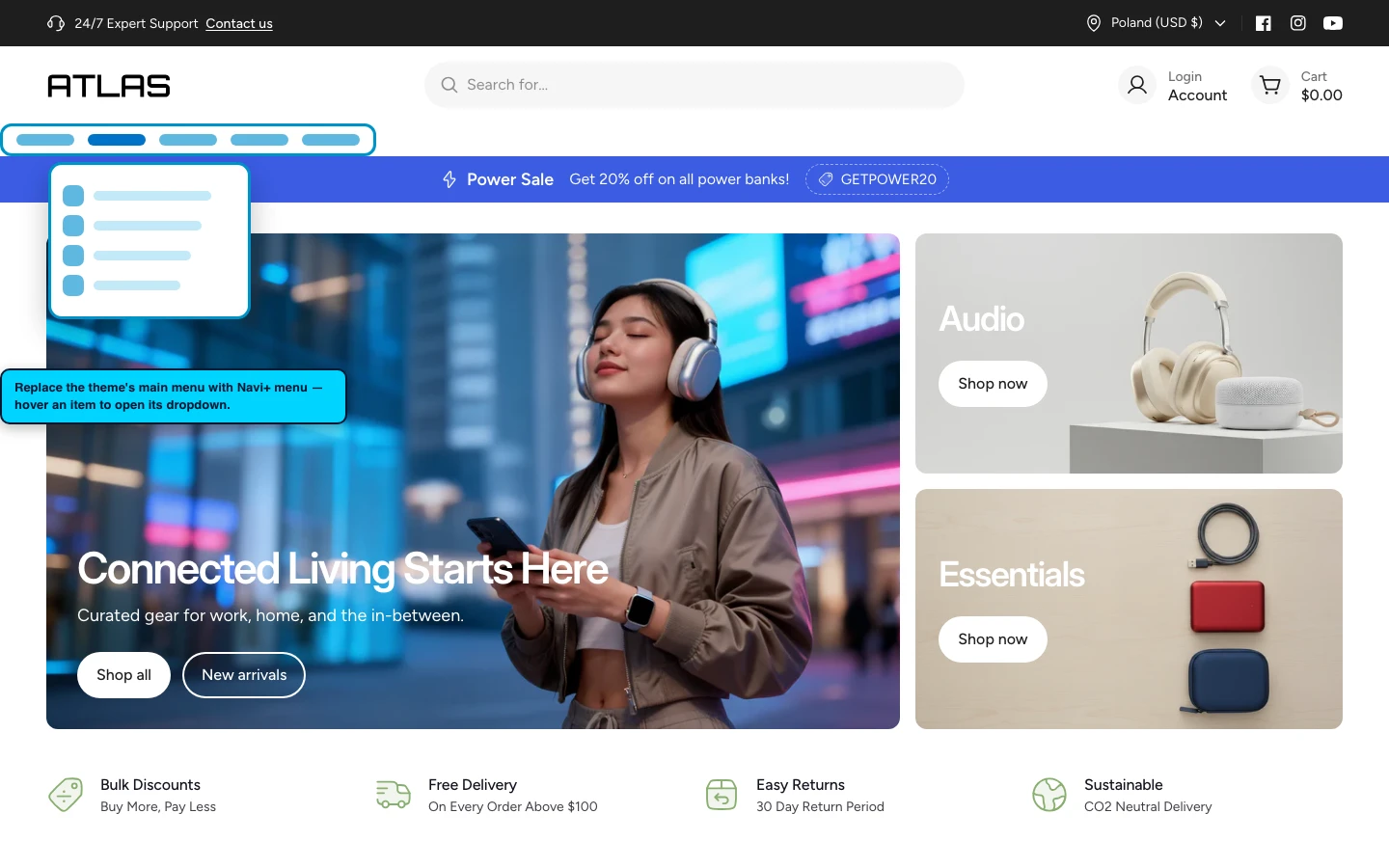 Navi+ Mega Menu replacing the desktop menu on the Atlas Shopify theme Navi+ Mega Menu replacing the desktop menu on the Atlas Shopify theme