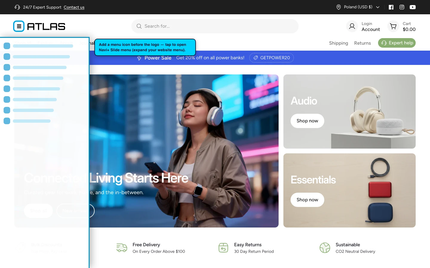Navi+ trigger icon before the logo on the Atlas Shopify theme Navi+ trigger icon before the logo on the Atlas Shopify theme