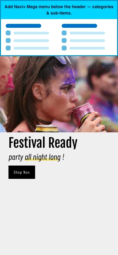 Navi+ mobile Mega Menu on the Atom Shopify theme Navi+ mobile Mega Menu on the Atom Shopify theme