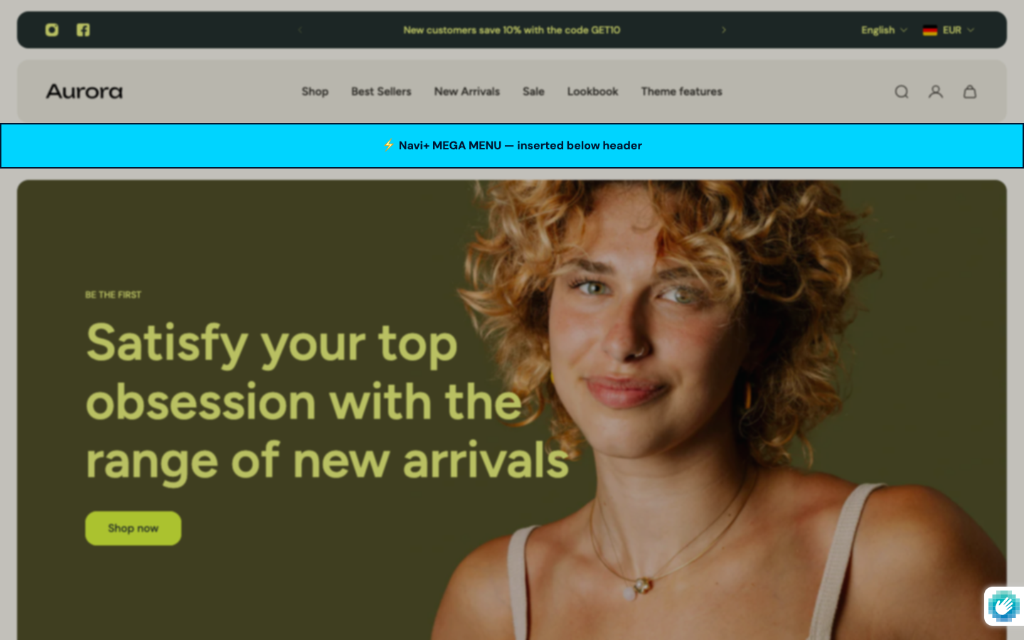 Menu inserted below header — Navi+ on the Aurora Shopify theme Menu inserted below header — Navi+ on the Aurora Shopify theme