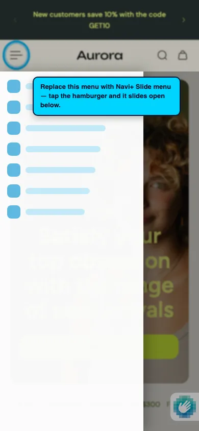 Navi+ Slide Menu on the Aurora Shopify theme Navi+ Slide Menu on the Aurora Shopify theme