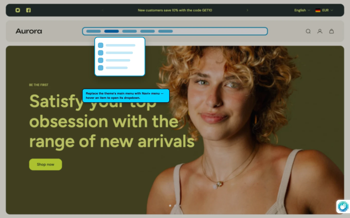 Navi+ Mega Menu replacing the desktop menu on the Aurora Shopify theme
