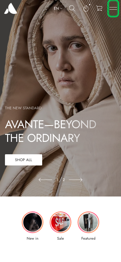 Hamburger → panel opened — Navi+ on the Avante Shopify theme Hamburger → panel opened — Navi+ on the Avante Shopify theme