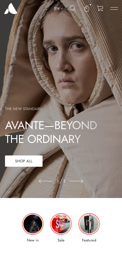 Hamburger → panel opened — Navi+ on the Avante Shopify theme Hamburger → panel opened — Navi+ on the Avante Shopify theme