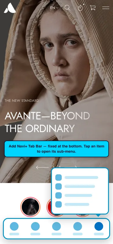 Navi+ Tab Bar on the Avante Shopify theme Navi+ Tab Bar on the Avante Shopify theme