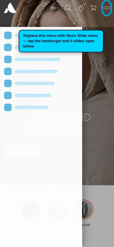 Navi+ Slide Menu on the Avante Shopify theme Navi+ Slide Menu on the Avante Shopify theme