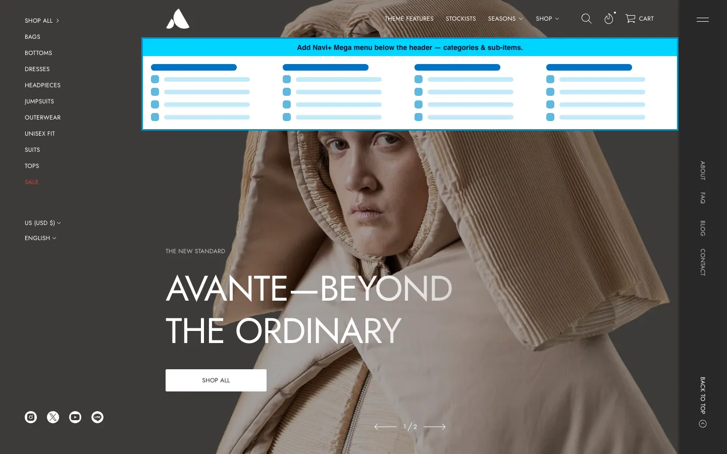 Navi+ Mega Menu inserted below the header on the Avante Shopify theme Navi+ Mega Menu inserted below the header on the Avante Shopify theme