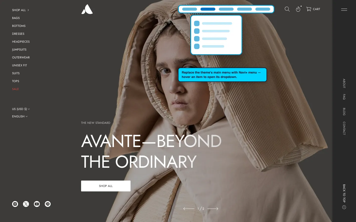 Navi+ Mega Menu replacing the desktop menu on the Avante Shopify theme Navi+ Mega Menu replacing the desktop menu on the Avante Shopify theme