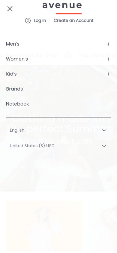 Hamburger → panel opened — Navi+ on the Avenue Shopify theme Hamburger → panel opened — Navi+ on the Avenue Shopify theme