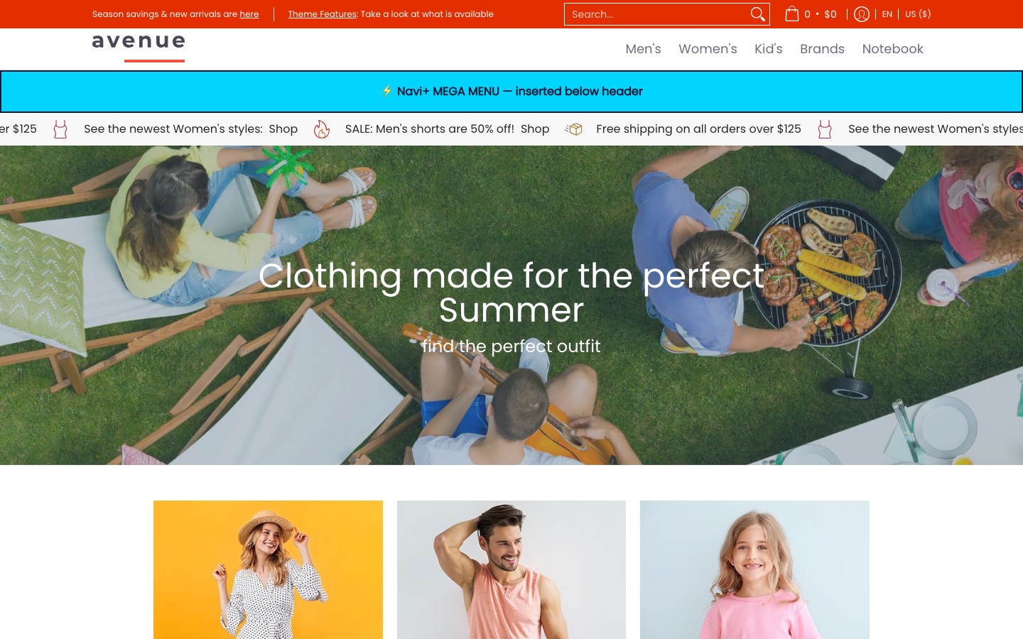 Menu inserted below header — Navi+ on the Avenue Shopify theme Menu inserted below header — Navi+ on the Avenue Shopify theme