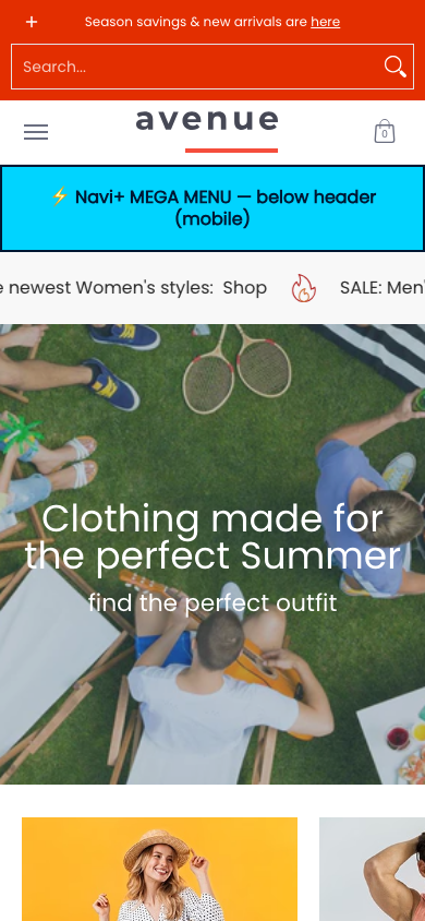 Menu inserted below header — Navi+ on the Avenue Shopify theme Menu inserted below header — Navi+ on the Avenue Shopify theme