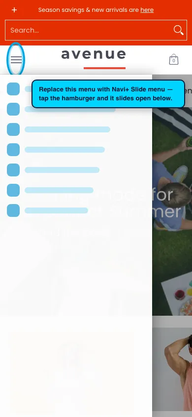 Navi+ Slide Menu on the Avenue Shopify theme Navi+ Slide Menu on the Avenue Shopify theme