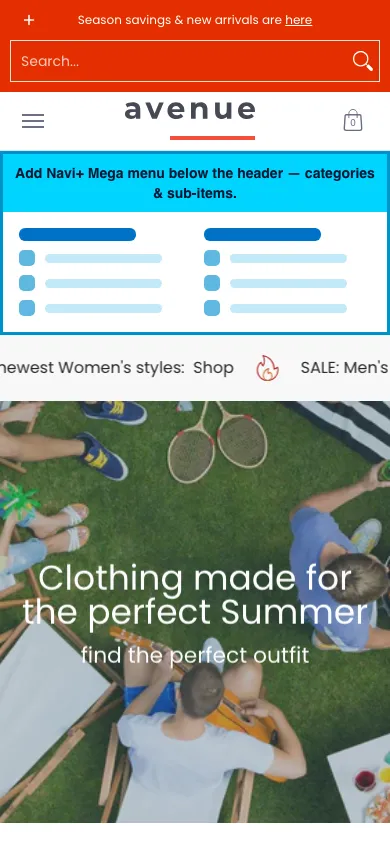 Navi+ mobile Mega Menu on the Avenue Shopify theme Navi+ mobile Mega Menu on the Avenue Shopify theme