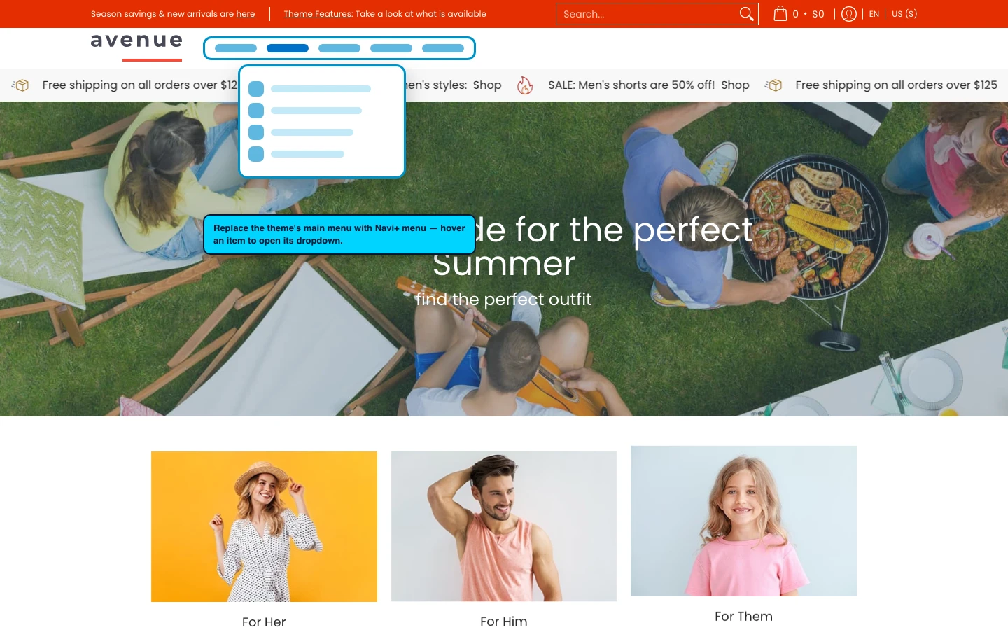 Navi+ Mega Menu replacing the desktop menu on the Avenue Shopify theme Navi+ Mega Menu replacing the desktop menu on the Avenue Shopify theme