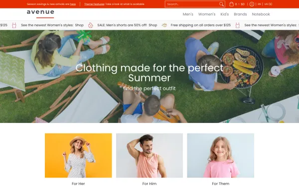 Full-page desktop screenshot of Shopify Avenue theme demo store