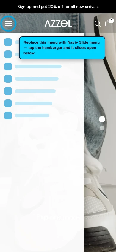 Navi+ Slide Menu on the Azzel Shopify theme Navi+ Slide Menu on the Azzel Shopify theme