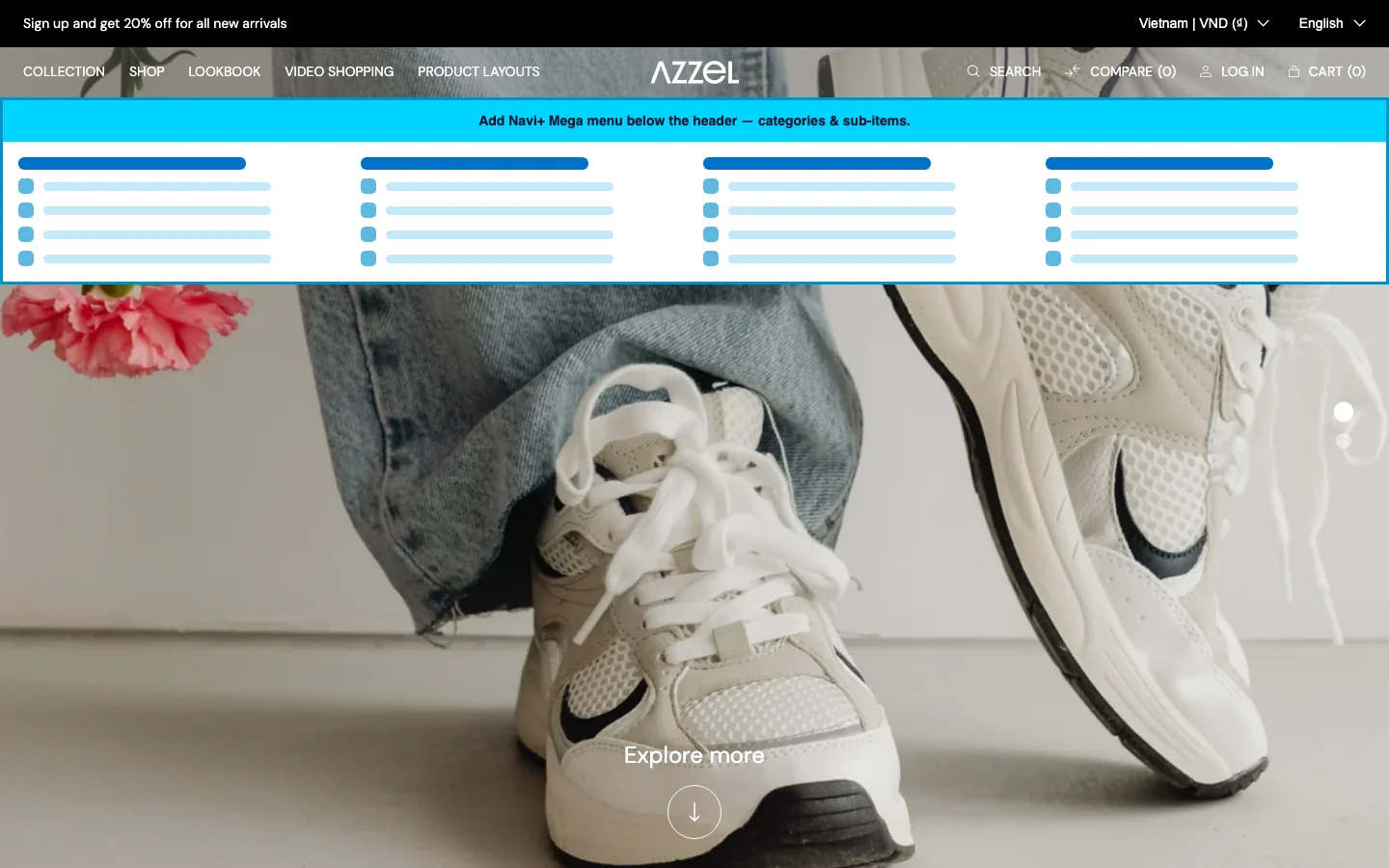 Navi+ Mega Menu inserted below the header on the Azzel Shopify theme Navi+ Mega Menu inserted below the header on the Azzel Shopify theme
