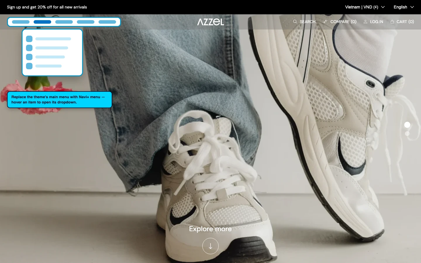 Navi+ Mega Menu replacing the desktop menu on the Azzel Shopify theme Navi+ Mega Menu replacing the desktop menu on the Azzel Shopify theme